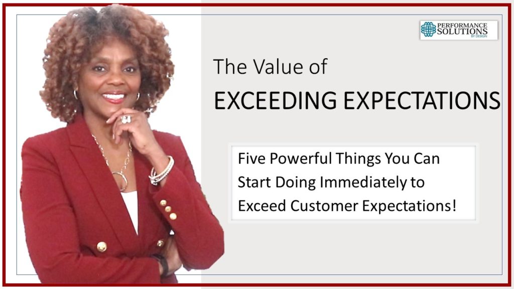 A woman is standing in front of the words " exceeding expectations ".