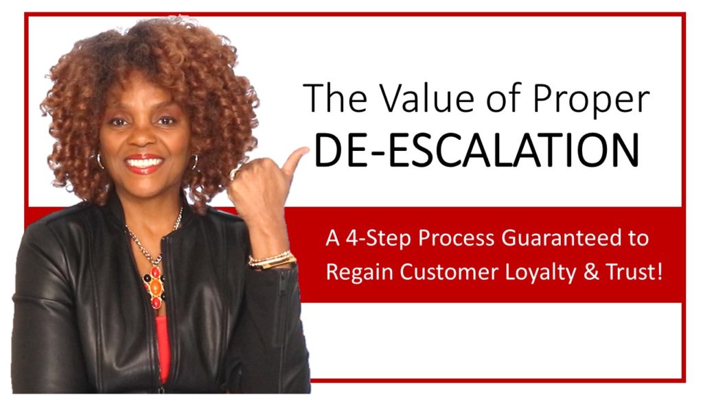 A woman pointing to the right with text that reads " the value of people de-escalation."