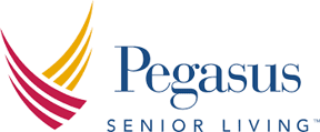 A blue and white logo for pega senior living.